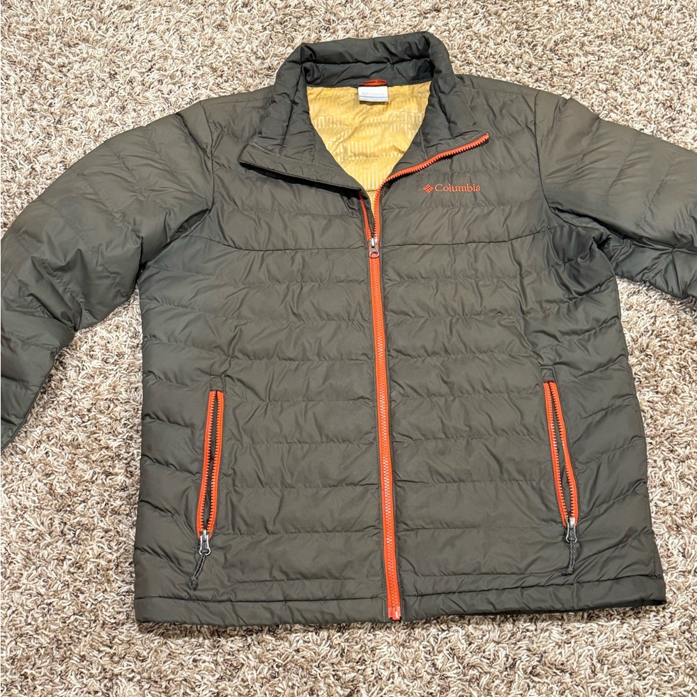 Columbia Men's Dark Olive Puffer Jacket with Orange Accents